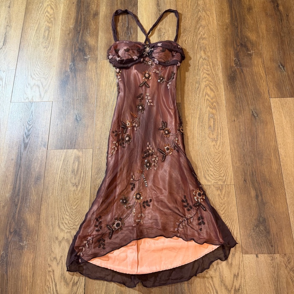 Vintage Y2K 100% Silk Beaded Dress Vintage Beaded Dress Brown Fairy Prom Slip